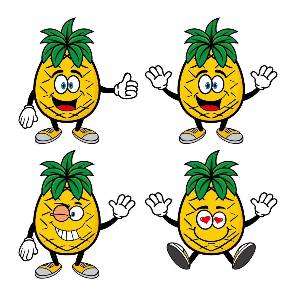 set collectie schattige lachende ananas stripfiguur. vectorillustratie geïsoleerd op een witte achtergrond vector