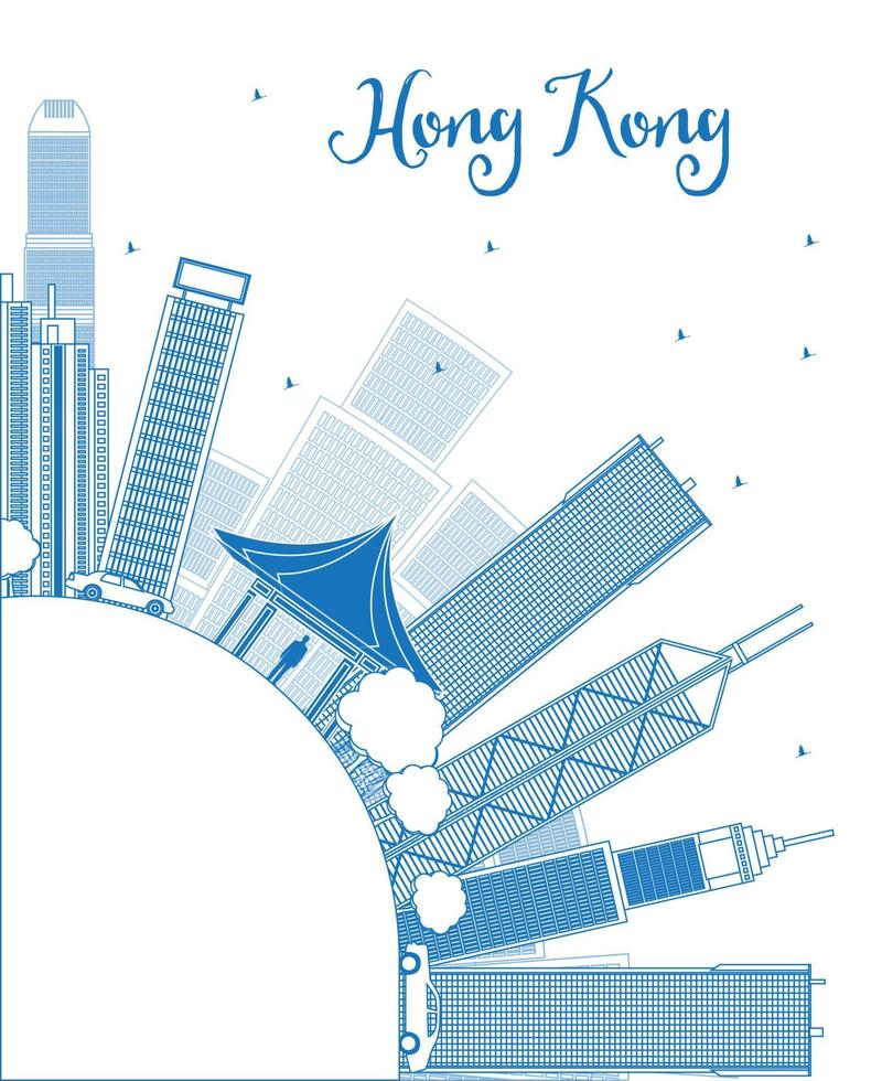 schets de skyline van hong kong met taxi en kopieer ruimte. vector
