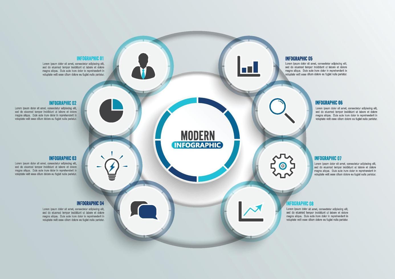 vector infographic sjabloon met 3D-papieren label, geïntegreerde kringen. bedrijfsconcept met 8 opties. voor inhoud, diagram, stroomdiagram, stappen, onderdelen, tijdlijninfographics, workflow, grafiek.