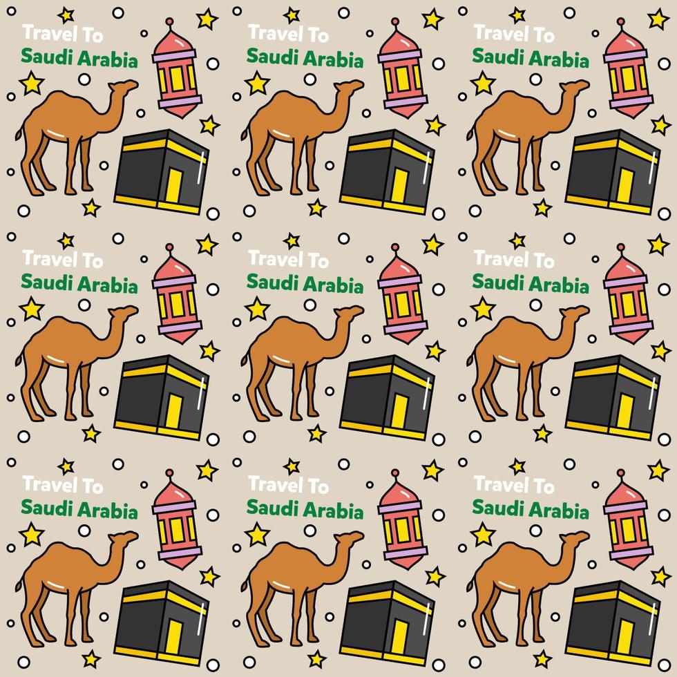 reizen naar saoedi-arabië doodle naadloze patroon vector design. kameel. ka'bah, vlag zijn identieke pictogrammen met saoedi-arabië