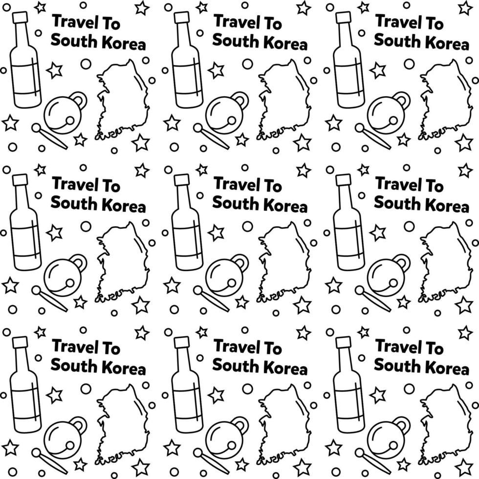 reizen naar Zuid-Korea doodle naadloze patroon vector ontwerp. kimchi, kaart, vlagpictogrammen identiek aan zuid-korea