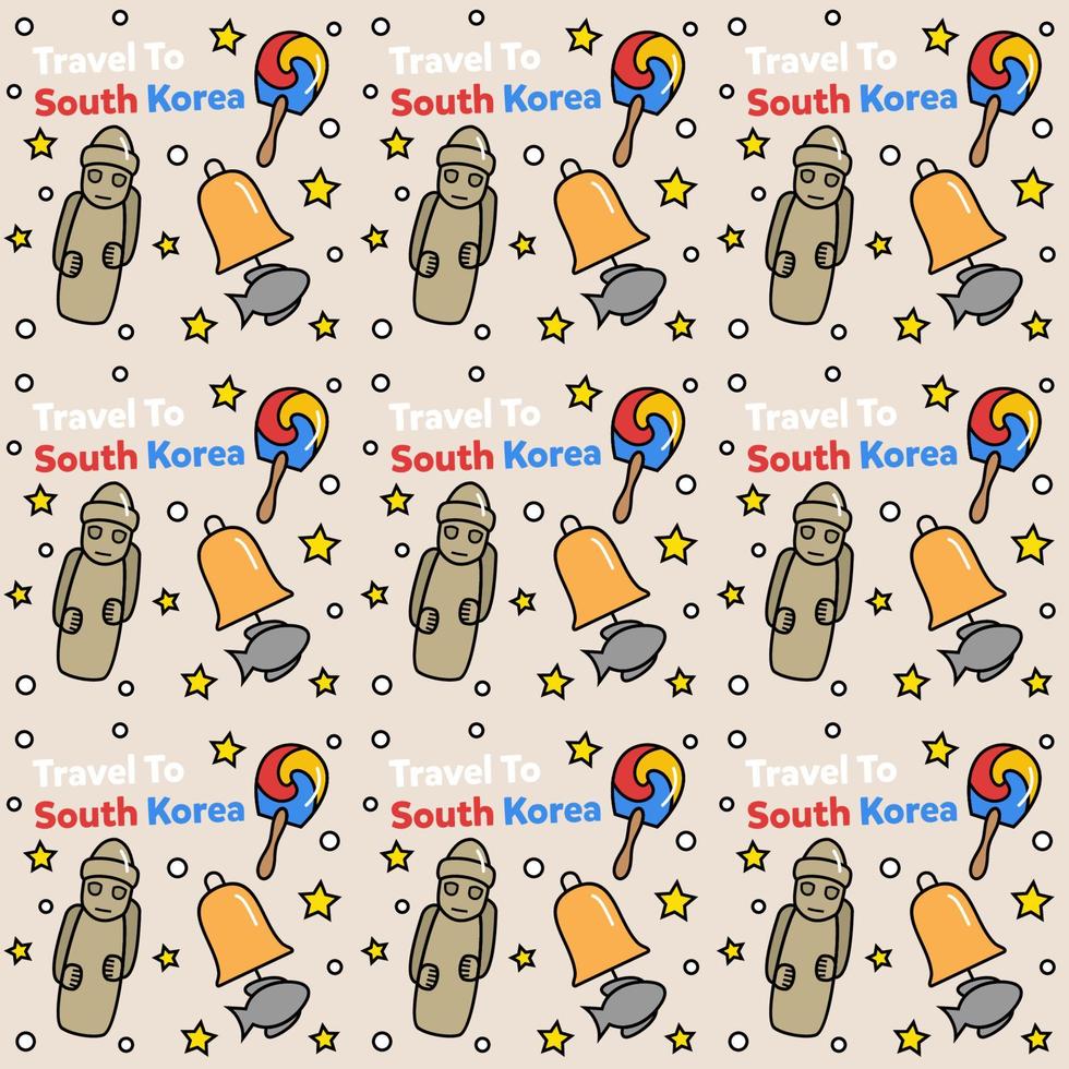 reizen naar Zuid-Korea doodle naadloze patroon vector ontwerp. kimchi, kaart, vlagpictogrammen identiek aan zuid-korea