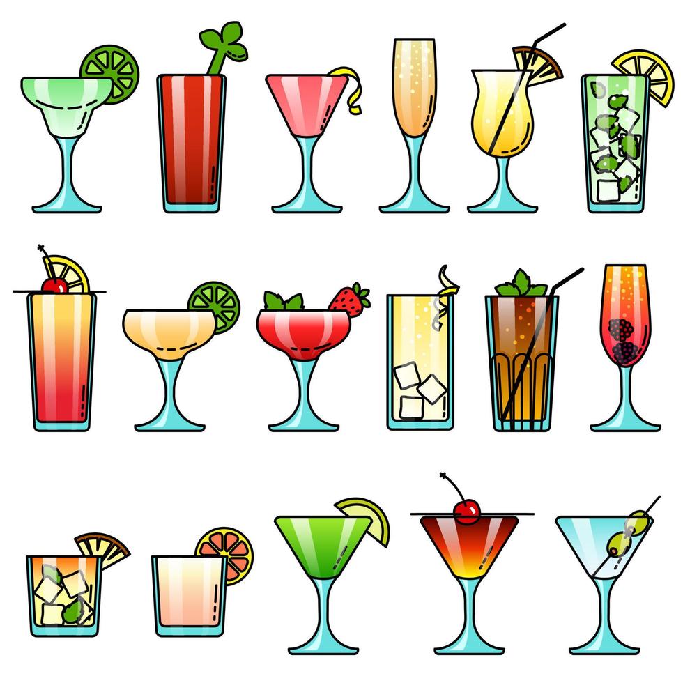 populaire kleurrijke alcohol cocktail drinken glazen icon set voor menu, party, branding, web, app design in cartoon stijl. geïsoleerde objecten vector illustratie