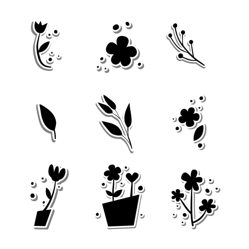 zwarte negen bloemen en bladeren op wit silhouet en grijze schaduw. vectorillustratie over de natuur. vector