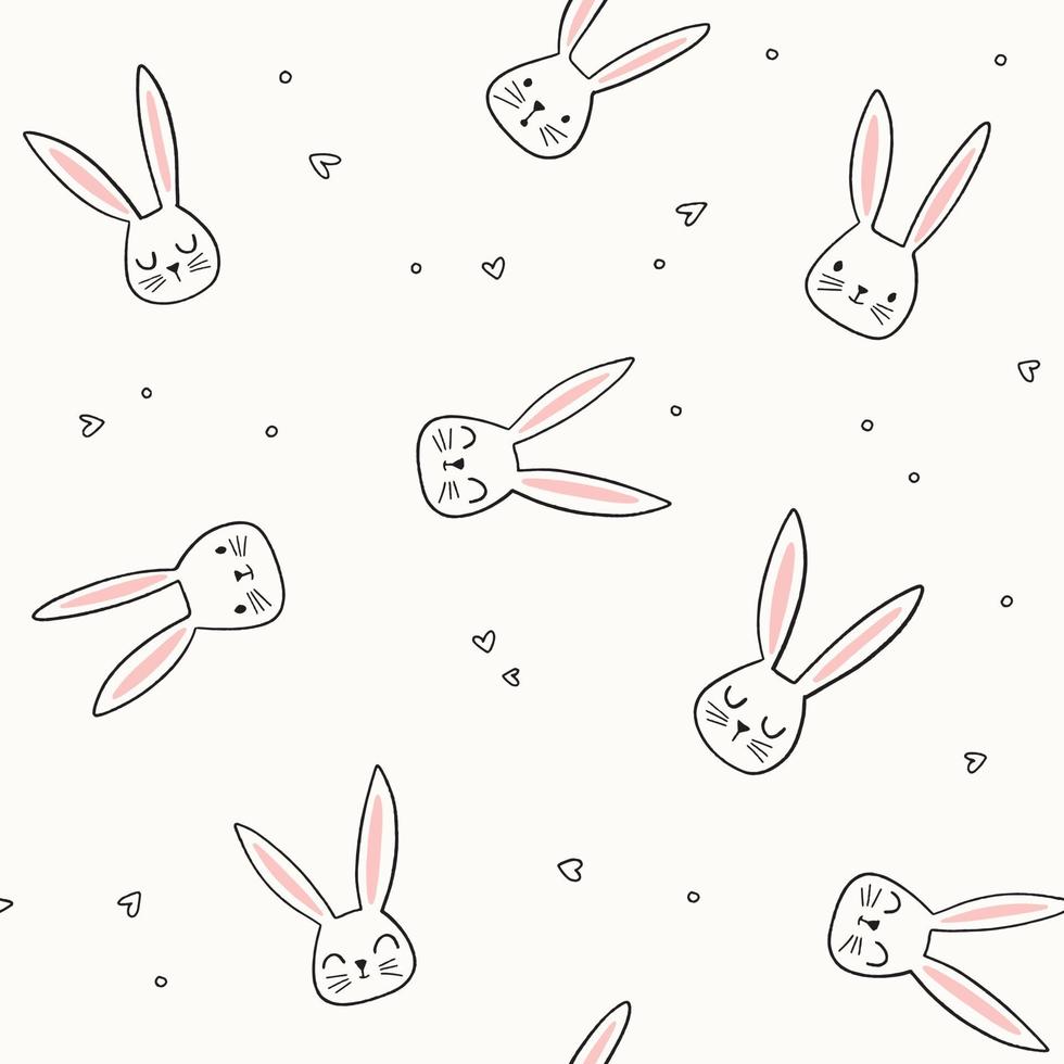 schattig konijntjespatroon. hand getrokken konijn hoofd vector naadloze achtergrond. doodle konijntje gezicht en harten.