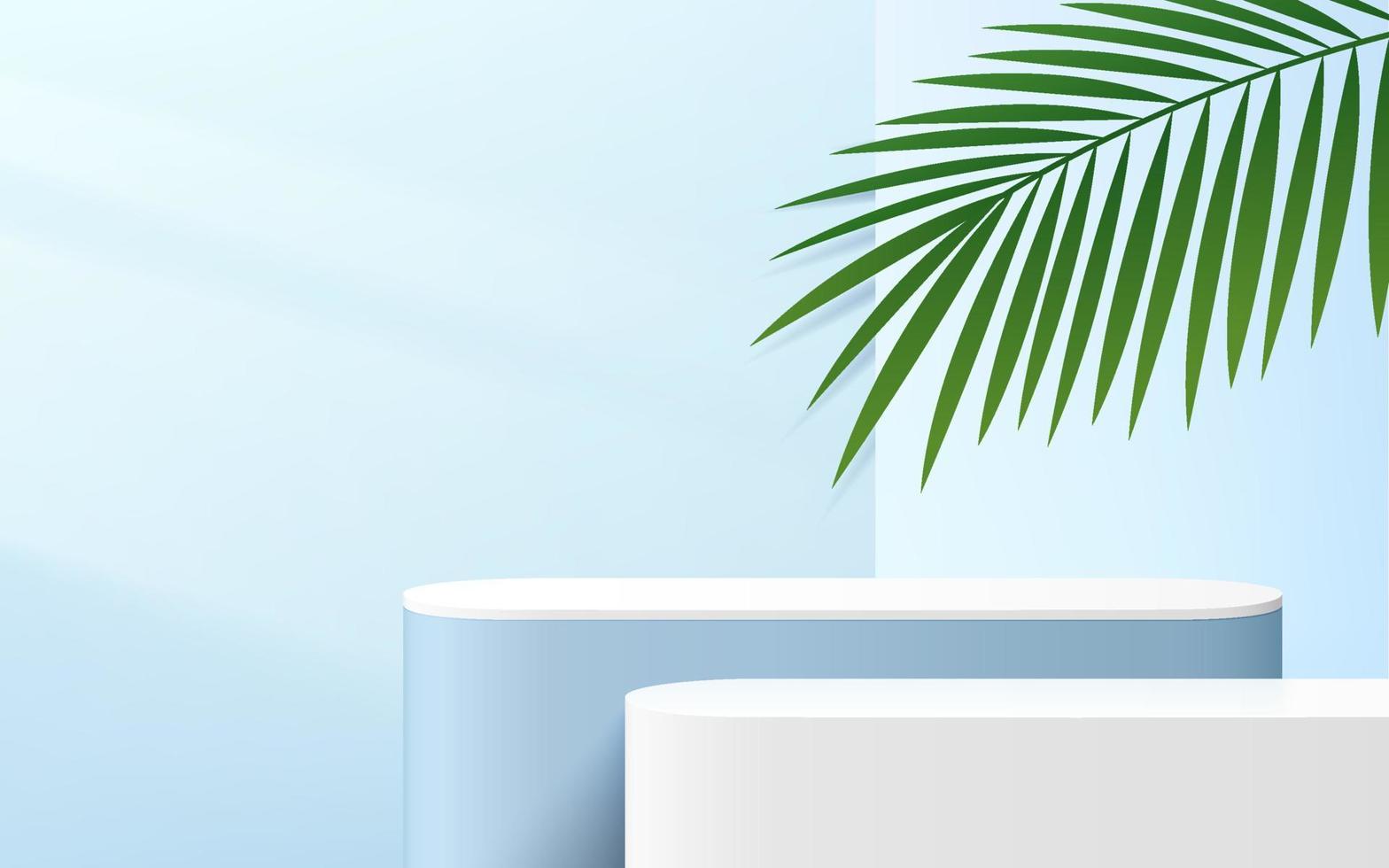 abstract blauw en wit ronde hoek kubus platform podium. raamverlichting en palmblad. pastel lichtblauwe minimale wandscène. vector rendering 3D-vorm voor product display presentatie.