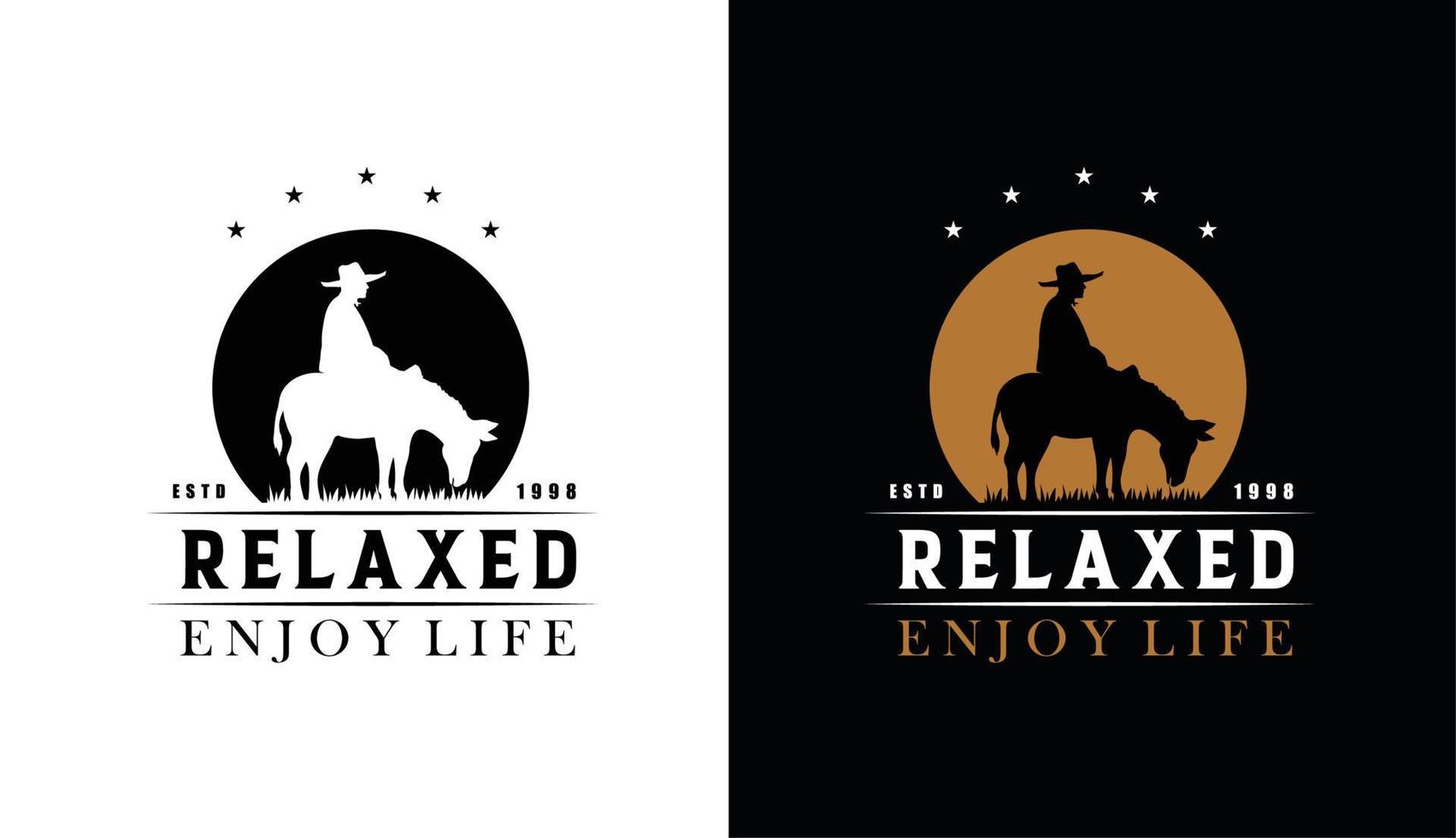 cowboy rijden op een ezel silhouet bij zonsondergang ontspanning logo ontwerp illustratie op maan achtergrond vector