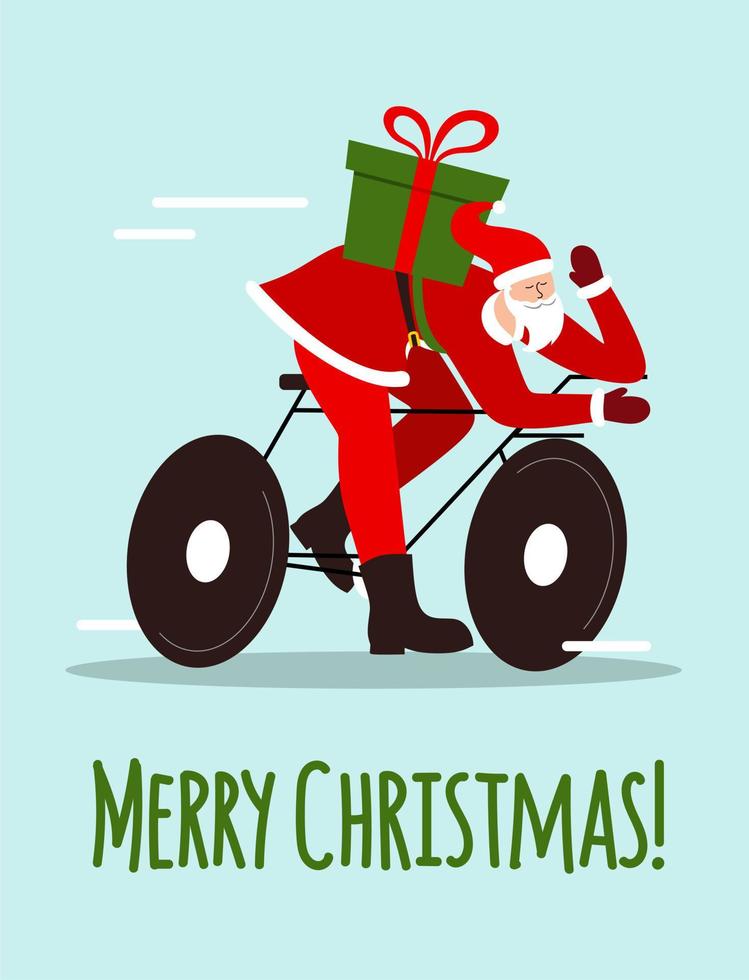 kerstkaart met de kerstman die geschenken levert op een fiets. het concept van Kerstmis en Nieuwjaar. vector