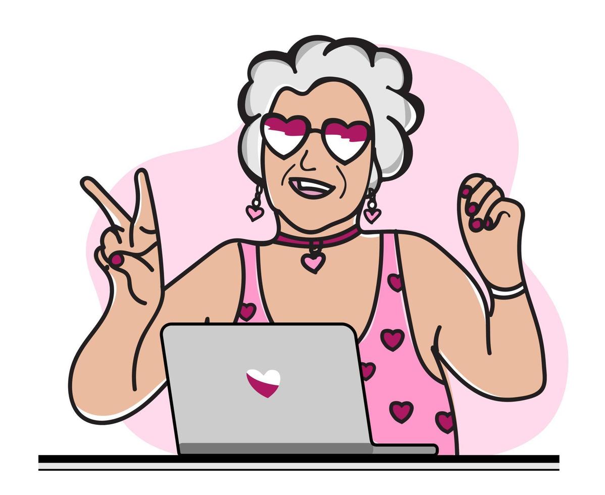 gelukkige oma met laptop. een modieuze moderne oude vrouw met een bril en een roze zwempak. vector