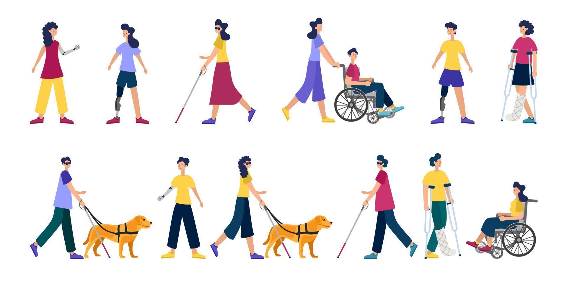 mensen met een handicap. mensen met een handicap. blinde mensen. prothesen, rolstoelen, gips, krukken, een geleidehond. een set van verschillende karakters. vector