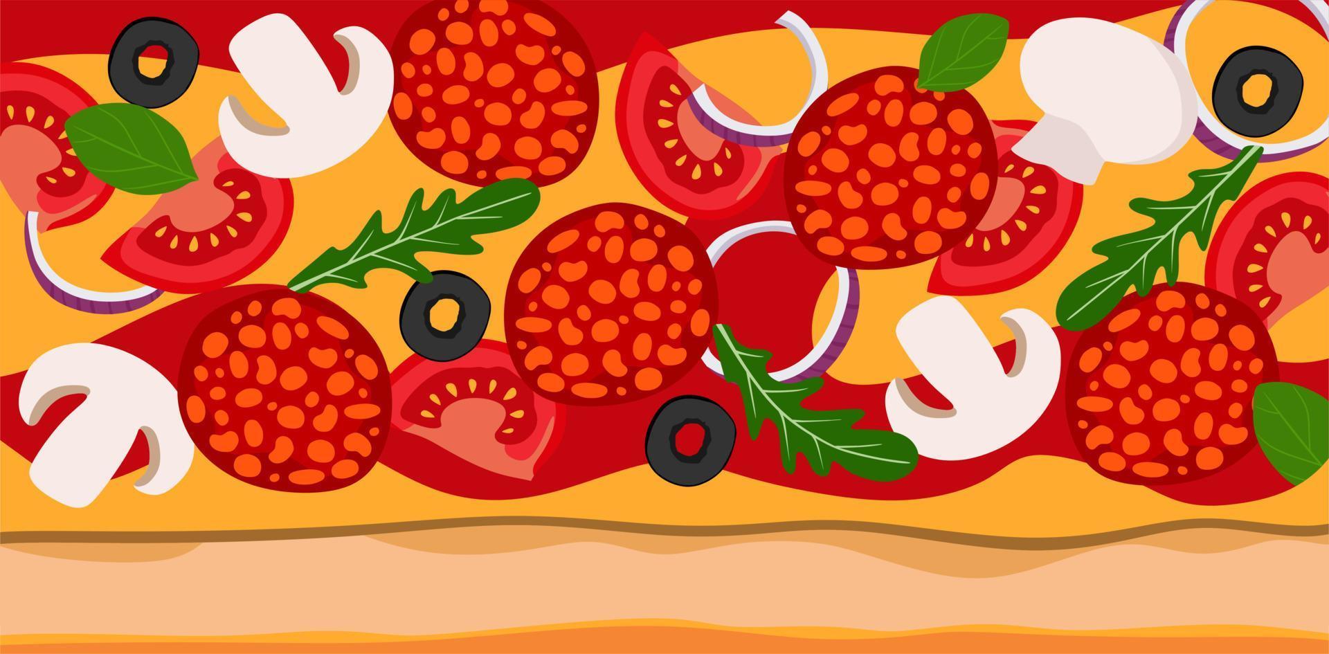 achtergrondpizza met salamiuien, tomaten en olijven. vectorillustratie. een concept voor stickers, posters, ansichtkaarten, websites en mobiele applicaties. vector