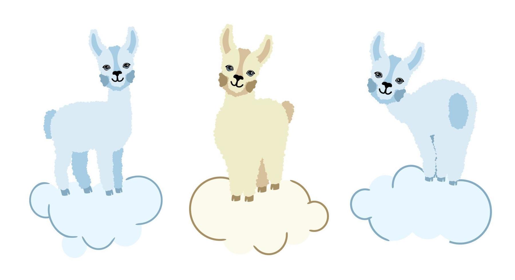 alpaca lama's set van drie op een witte achtergrond met wolken. voor het bedrukken van textiel, souvenirs en posters. vectorillustratie. vector