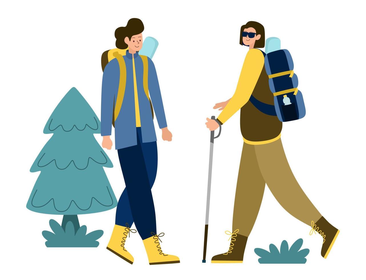 toeristen mensen groep mannen wandelen. mannen op een wandeling met rugzakken. reizigers wandelavonturen. vector illustratie