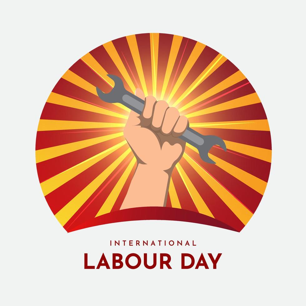 internationale arbeidersdag achtergrond. gelukkige dag van de arbeid ontwerp met hand met tang en sunburst achtergrond. vector