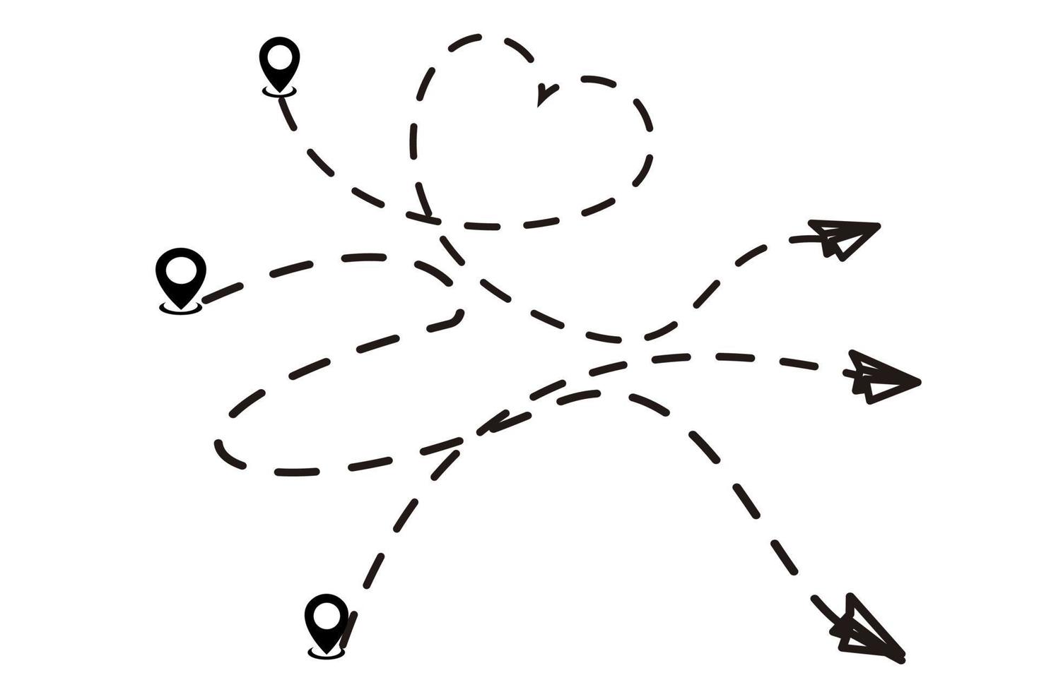 vliegtuig lijn pad vector icoon van vliegtuig vliegroute met startpunt, overdrachtspunt en streepjeslijn trace. vliegtuig clip art icoon met route pad track in zwart-wit. vliegtuig minimale vector.