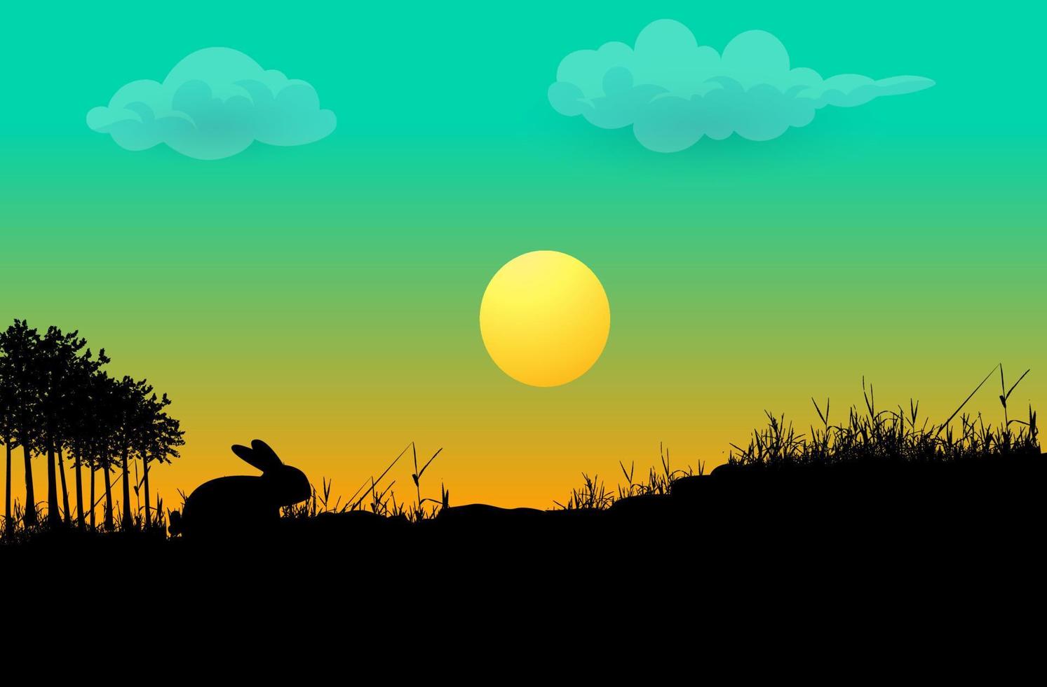 gelukkige pasen silhouetten vlakke stijl kaart met konijn op gras vector