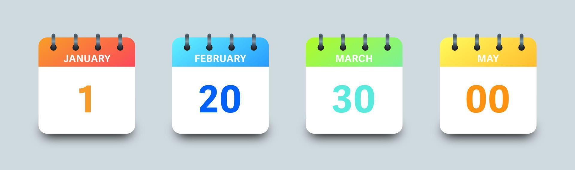 reeks kleurrijke kalendersymbolen. kalender met maand en datum vector icoon.