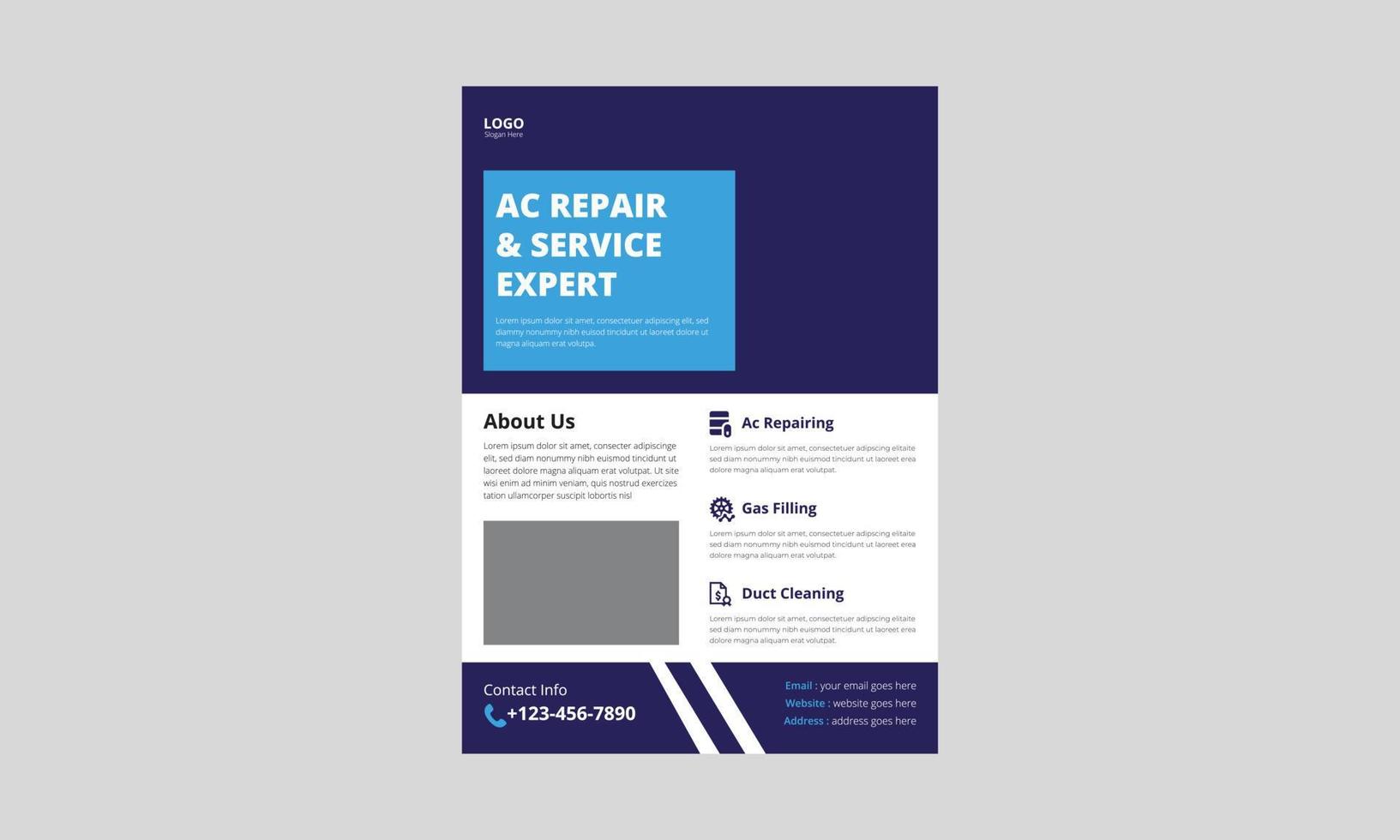 airconditioner reparatie service folder sjabloon. ac reparatieservice flyer poster folderontwerp. omslag, a4-formaat, flyer, brochureontwerp, poster, drukklaar vector