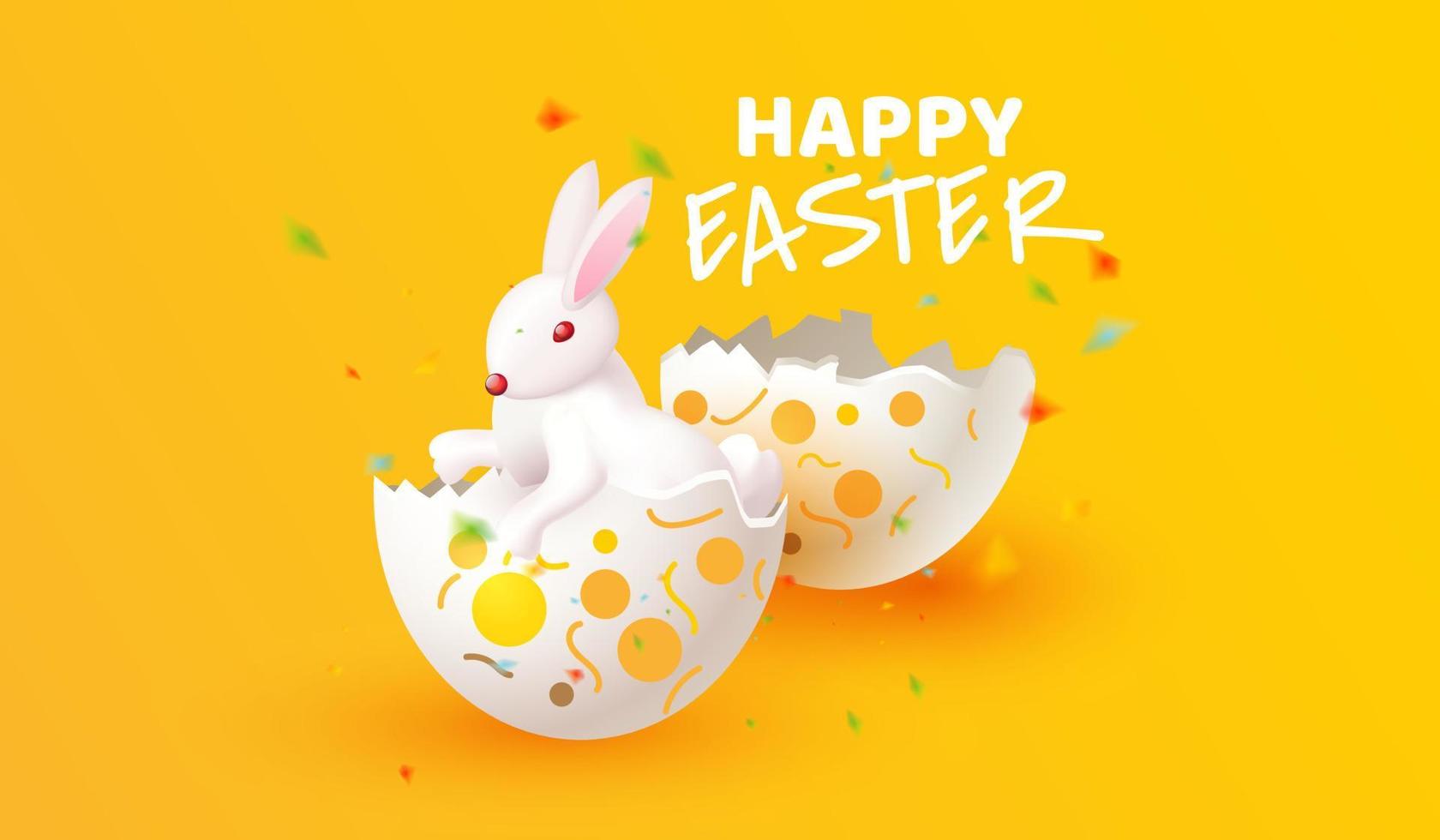 gelukkige paasdag met konijn uit realistische ei feestelijke achtergrond. vakantie symbool viering ontwerp. creatieve compositie voor posterbrochure en flyer 3D-vectorillustratiestijl vector
