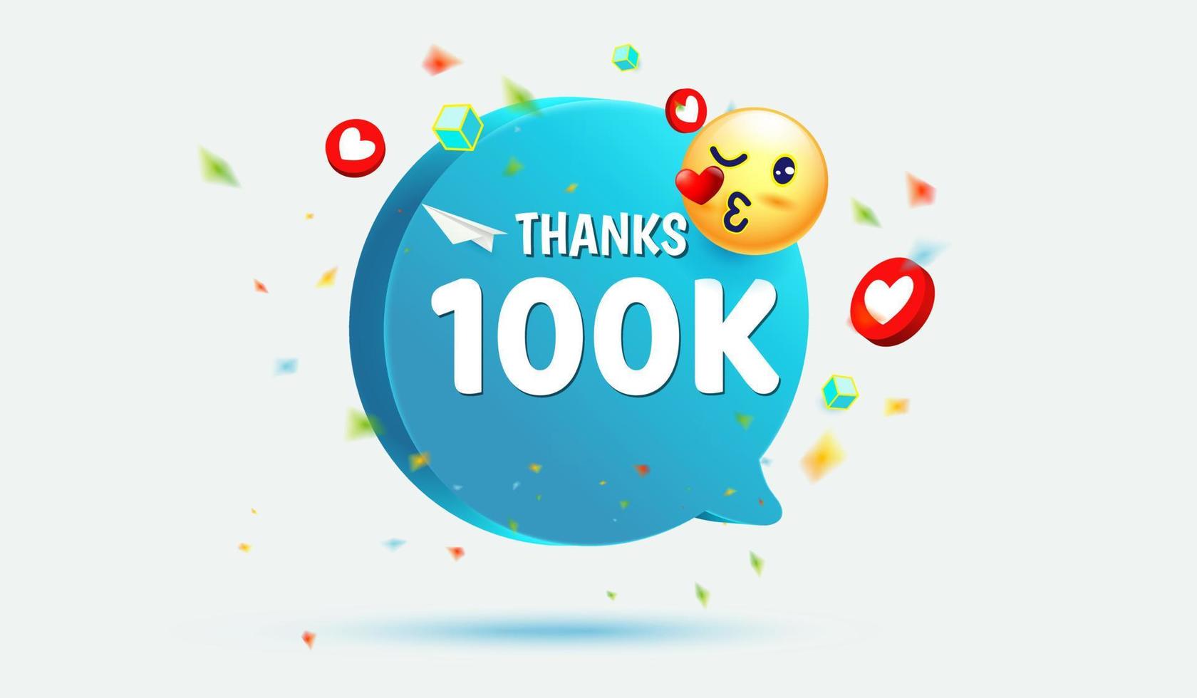 bedankt 100k. honderdduizend abonnees of volgers met sociale netwerk blauwe pictogrammen neon stijl, glimlach gezicht emoji emoticon icoon, doodle, bericht en hart voor web, app vector