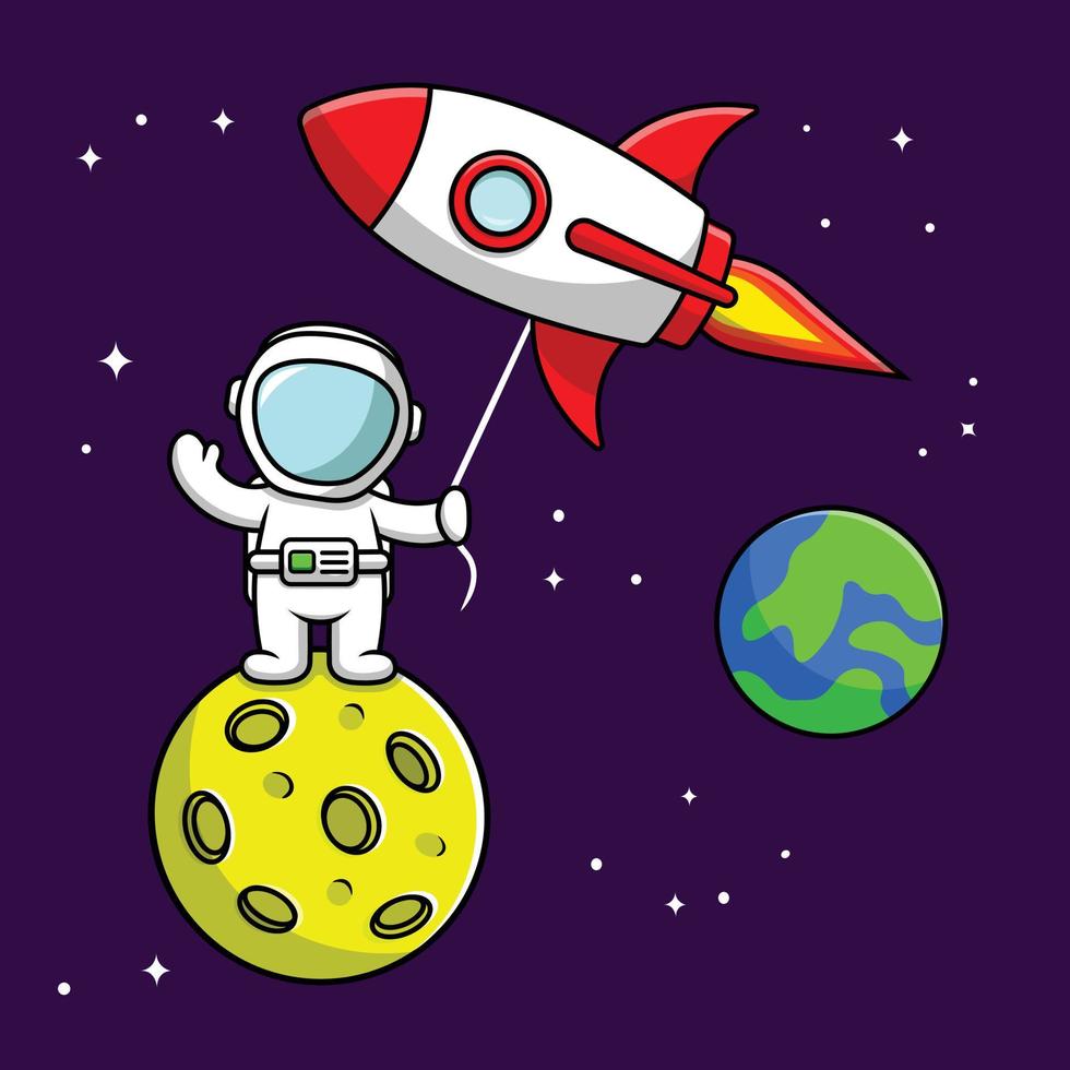 schattige astronaut landing op de maan met raket cartoon vector pictogram illustratie. wetenschap technologie pictogram concept geïsoleerde premium vector. platte cartoonstijl