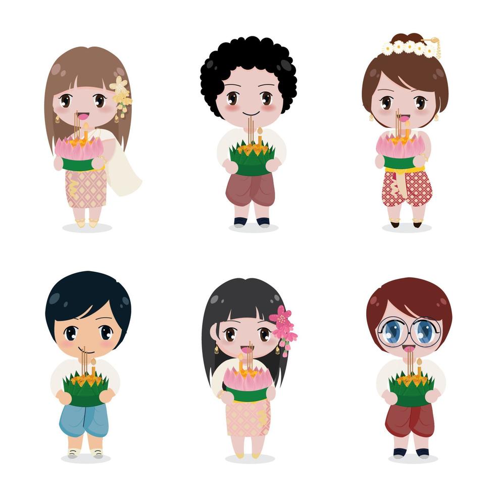 schattig, platte stijl, thai, paar, in, traditionele kleding, in, thailand, bloem, drijvend, festival, verzameling, geïsoleerde, op wit, background vector