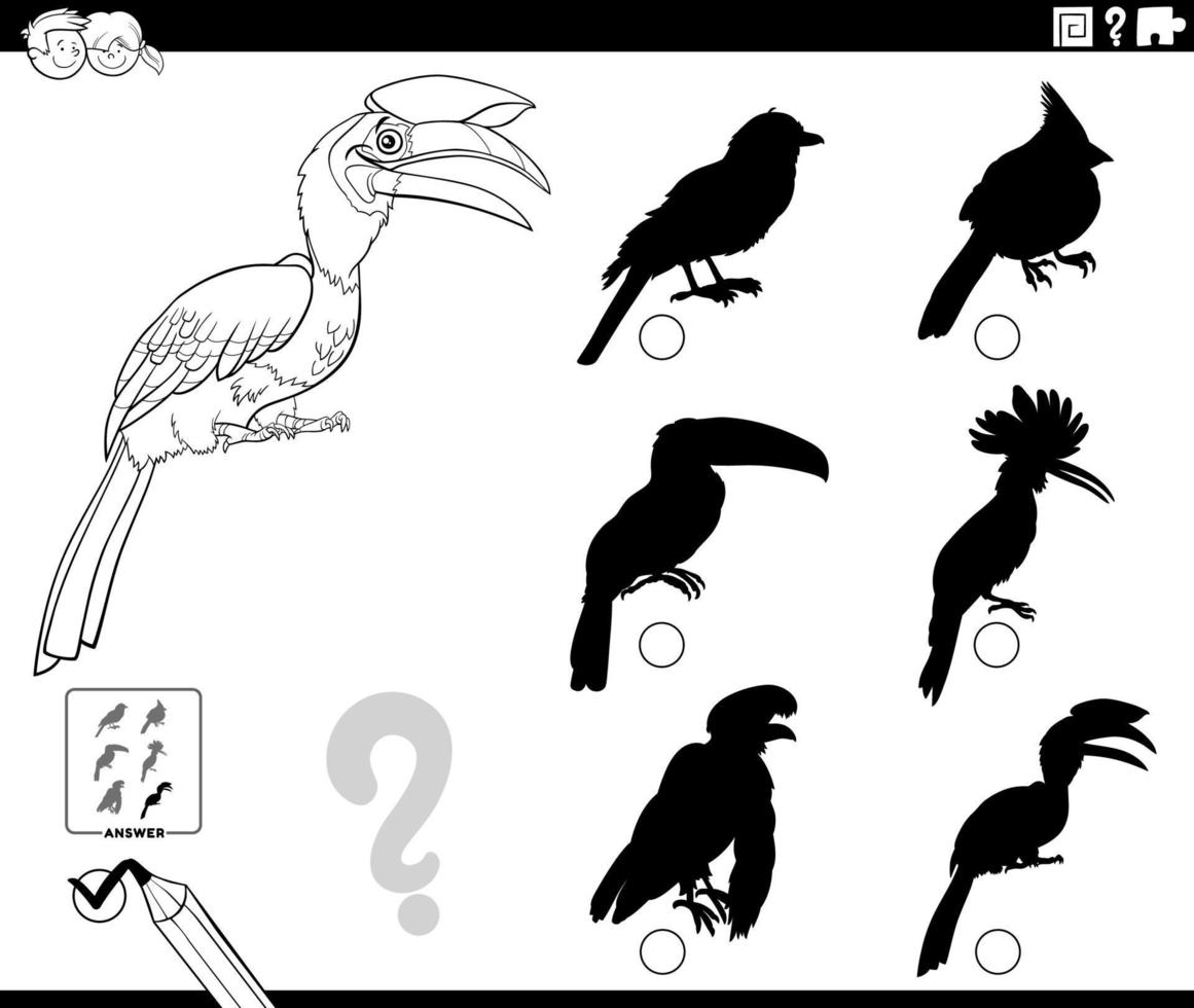 schaduwen taak met cartoon neushoornvogel vogel kleurboek pagina vector