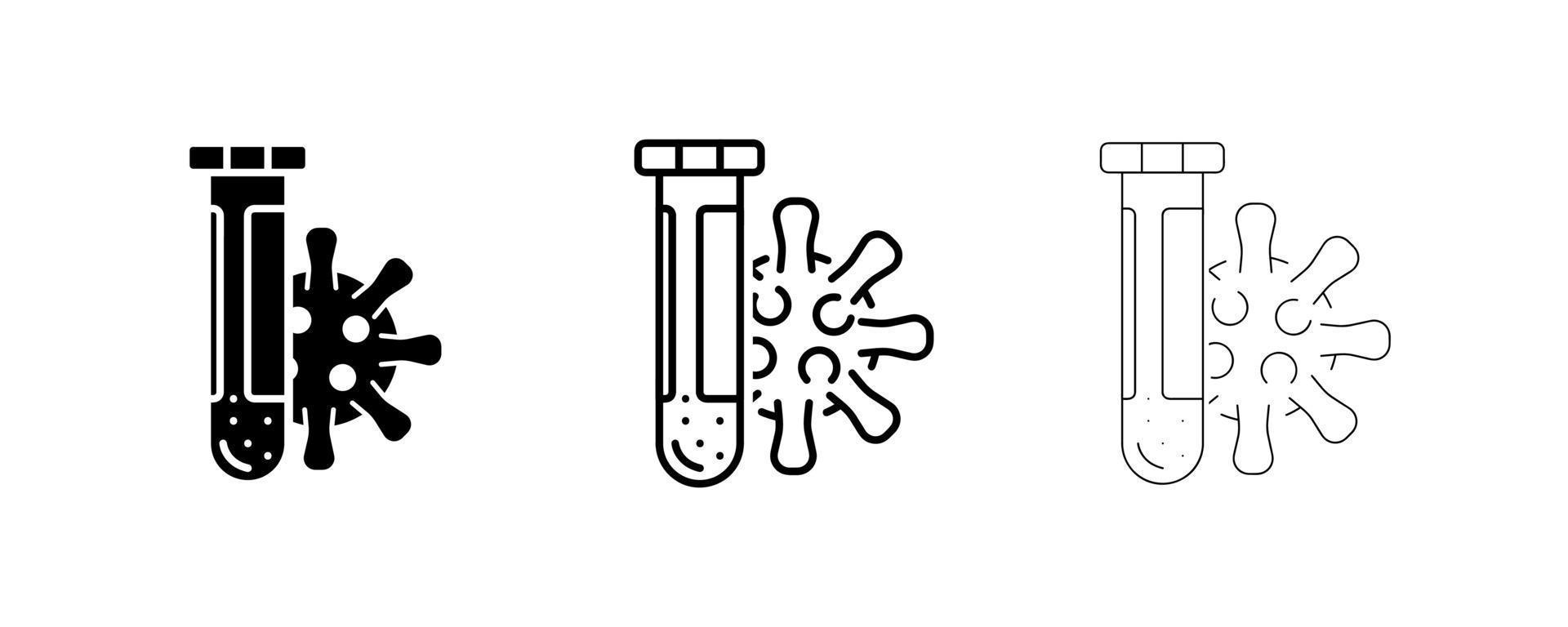 een set virussen met 3 vaccins van verschillende dikte, medicijnen, behandelflessen. griep- en coronaviruspictogrammen zijn ingesteld. de Corona-uitbraak. pandemie, geneeskunde, gezondheidszorg, stop coronavirus. vector