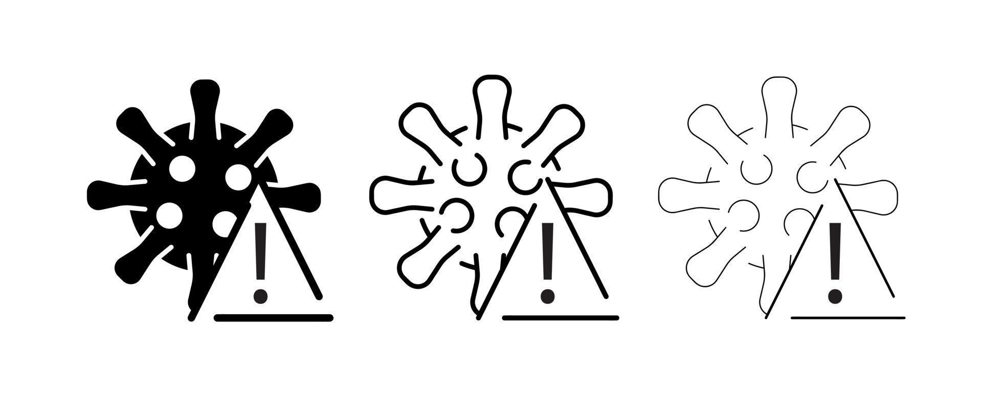 een virusset met 3 uitroeptekens van verschillende dikte. griep- en coronaviruspictogrammen zijn ingesteld. de Corona-uitbraak. pandemie, geneeskunde, gezondheidszorg, stop coronavirusconcept. vector