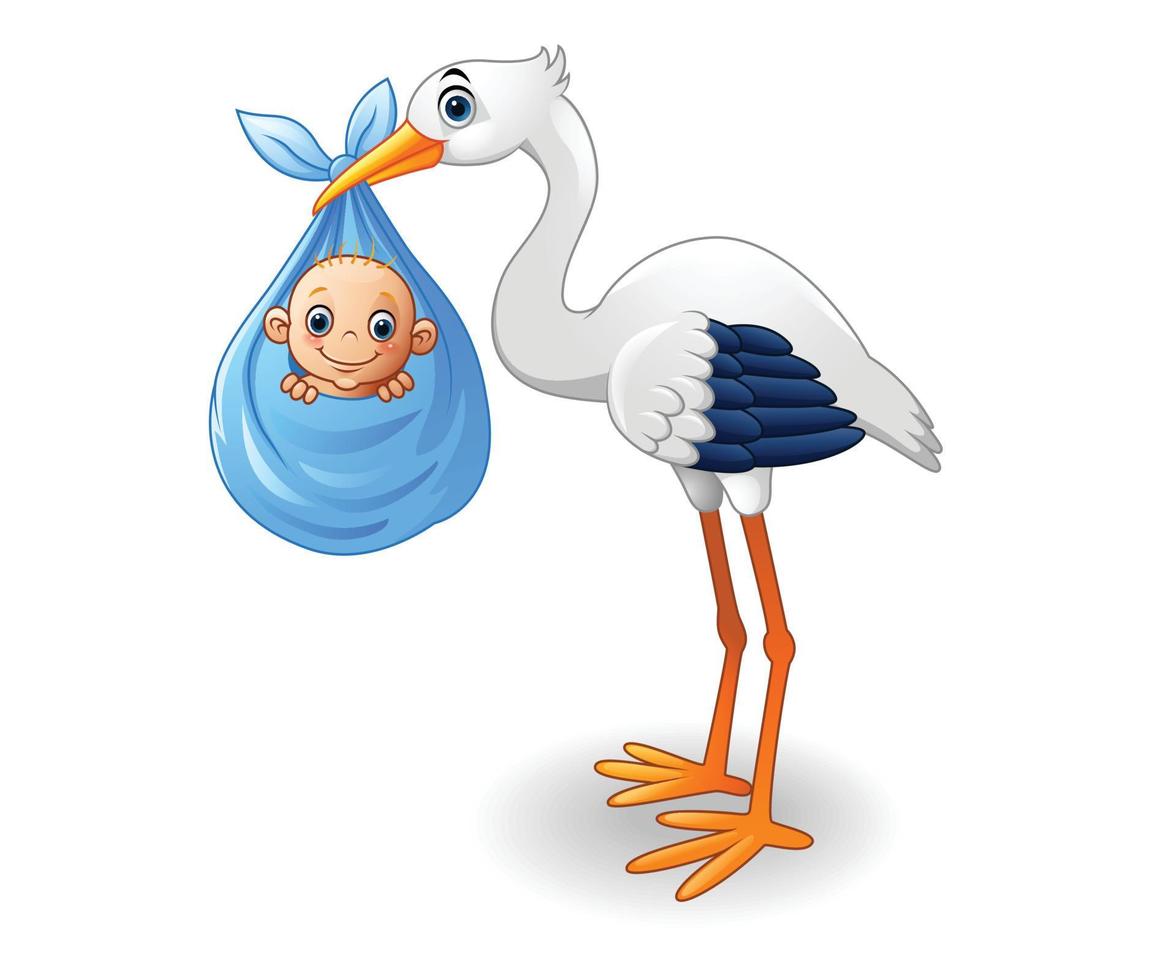 cartoon ooievaar die baby draagt vector