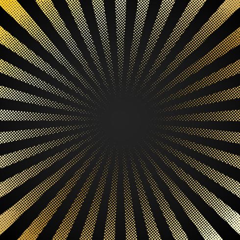 Abstracte retro glanzende starburst zwarte achtergrond met gouden de textuur halftone stijl van het puntenpatroon. Uitstekende stralenachtergrond, grappige boom ,. Cartoon popart sjabloon. vector