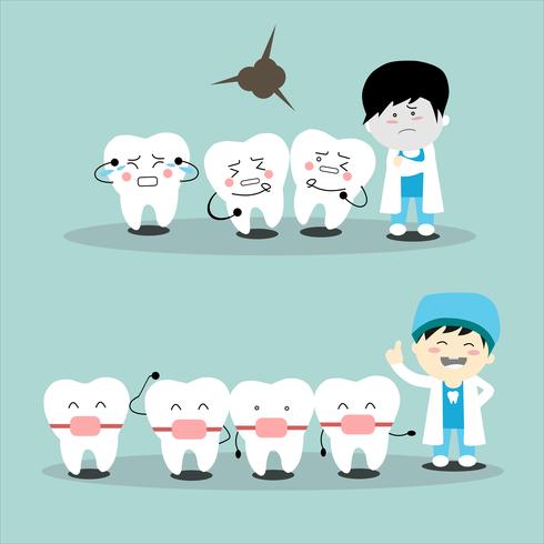 Tandartsbeeldverhaal Gezonde witte tanden en tandreeks van Tandgezondheid. ontwerp vectorillustratie Kiespijn vector