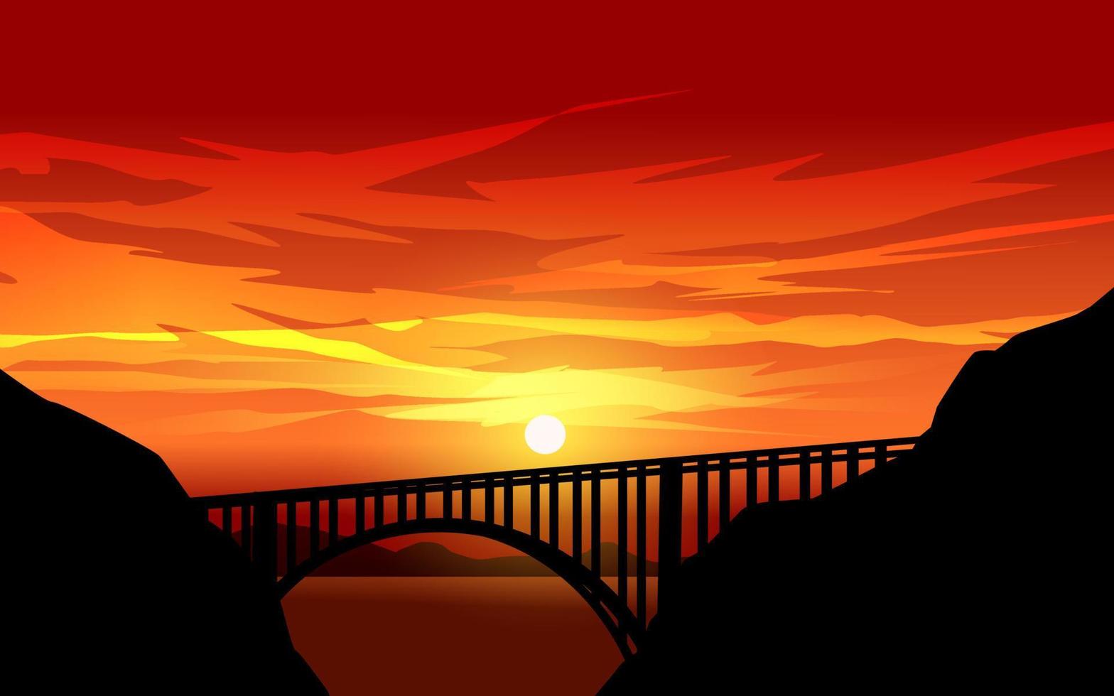 vlakke afbeelding van zonsondergang met een brug vector