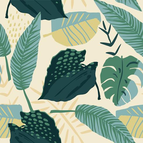 Abstract creatief naadloos patroon met tropische planten en artistieke achtergrond. vector