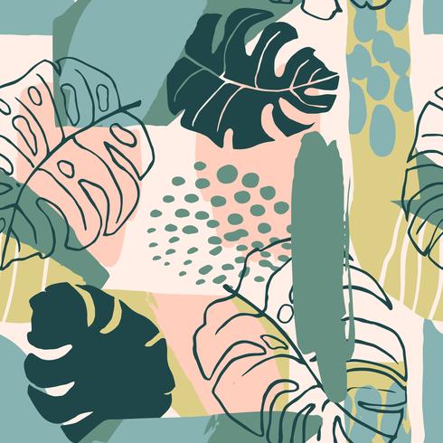 Abstract creatief naadloos patroon met tropische planten en artistieke achtergrond. vector