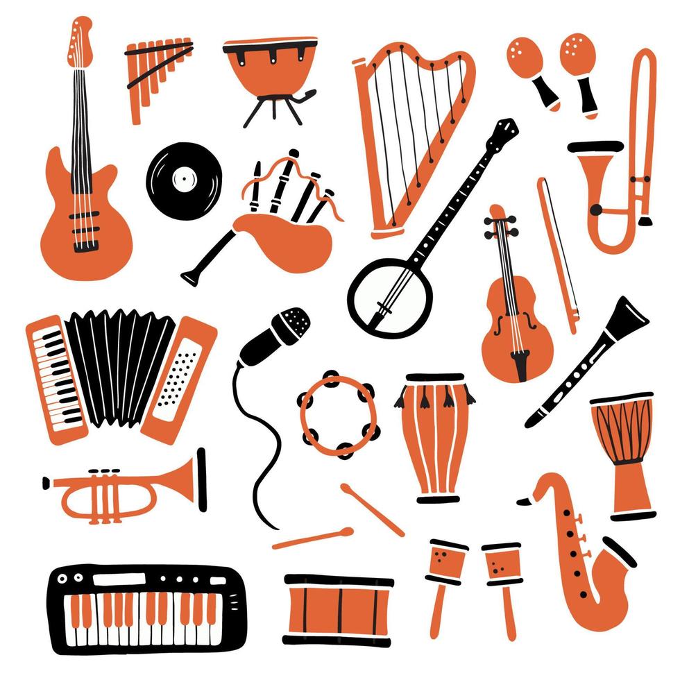 handgetekende set van verschillende soorten muziekinstrument vector