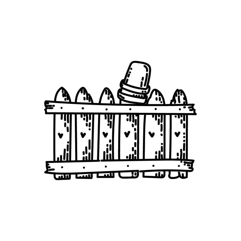hek, handgetekende doodle-stijlelement. potten op de tandwielen van het hek. houten hek. dorp. schutting. eenvoudige vector in lineaire stijl voor logo's, pictogrammen en emblemen - tuinonderwerp.