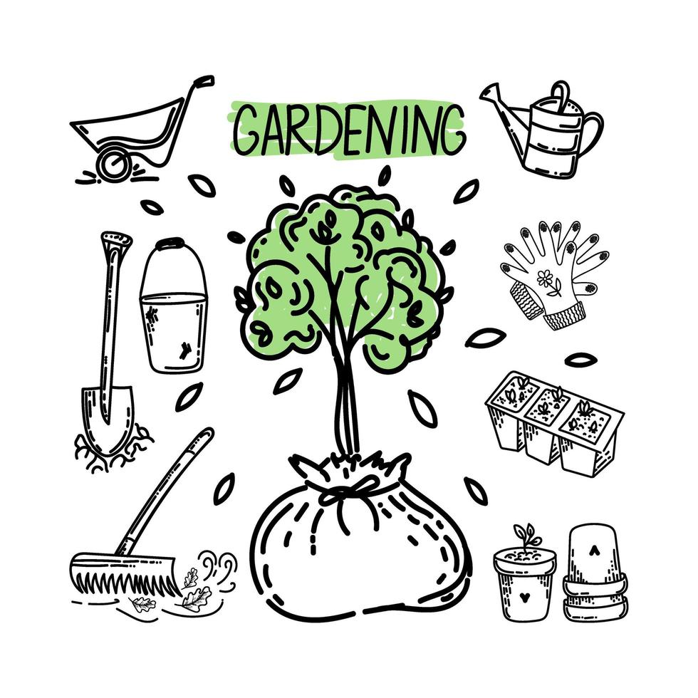 een set van tuinieren, handgetekende doodle-stijlelementen. jonge bomen planten. werk in de tuin. gereedschap voor de tuin. eenvoudige lineaire vectorstijl voor logo's, pictogrammen en emblemen. vector