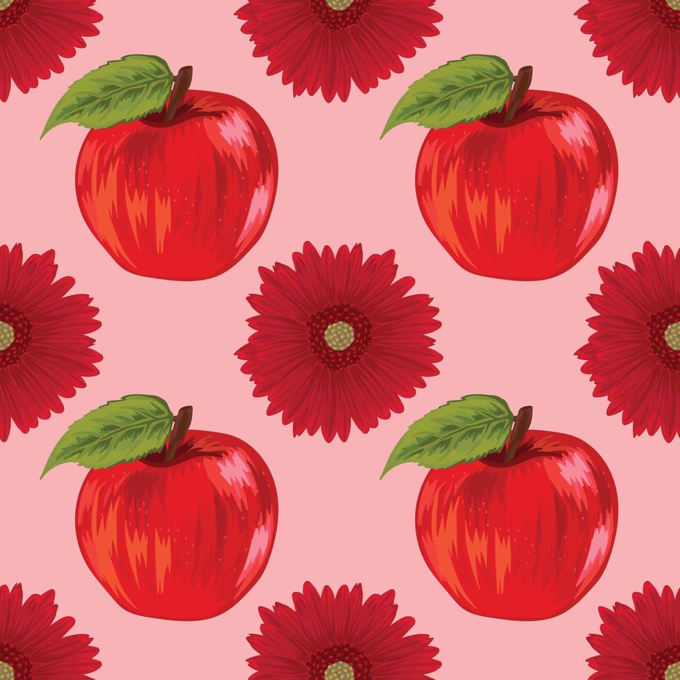 appel en rode bloem hand tekenen fruit patroon vector