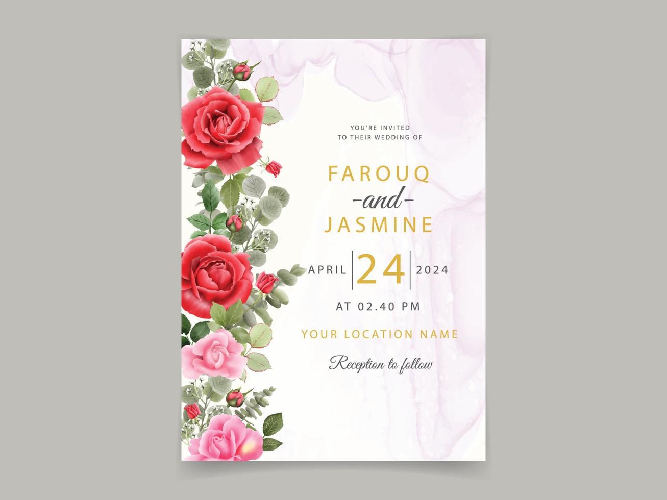 bruiloft uitnodigingskaart rode rozen ontwerp vector