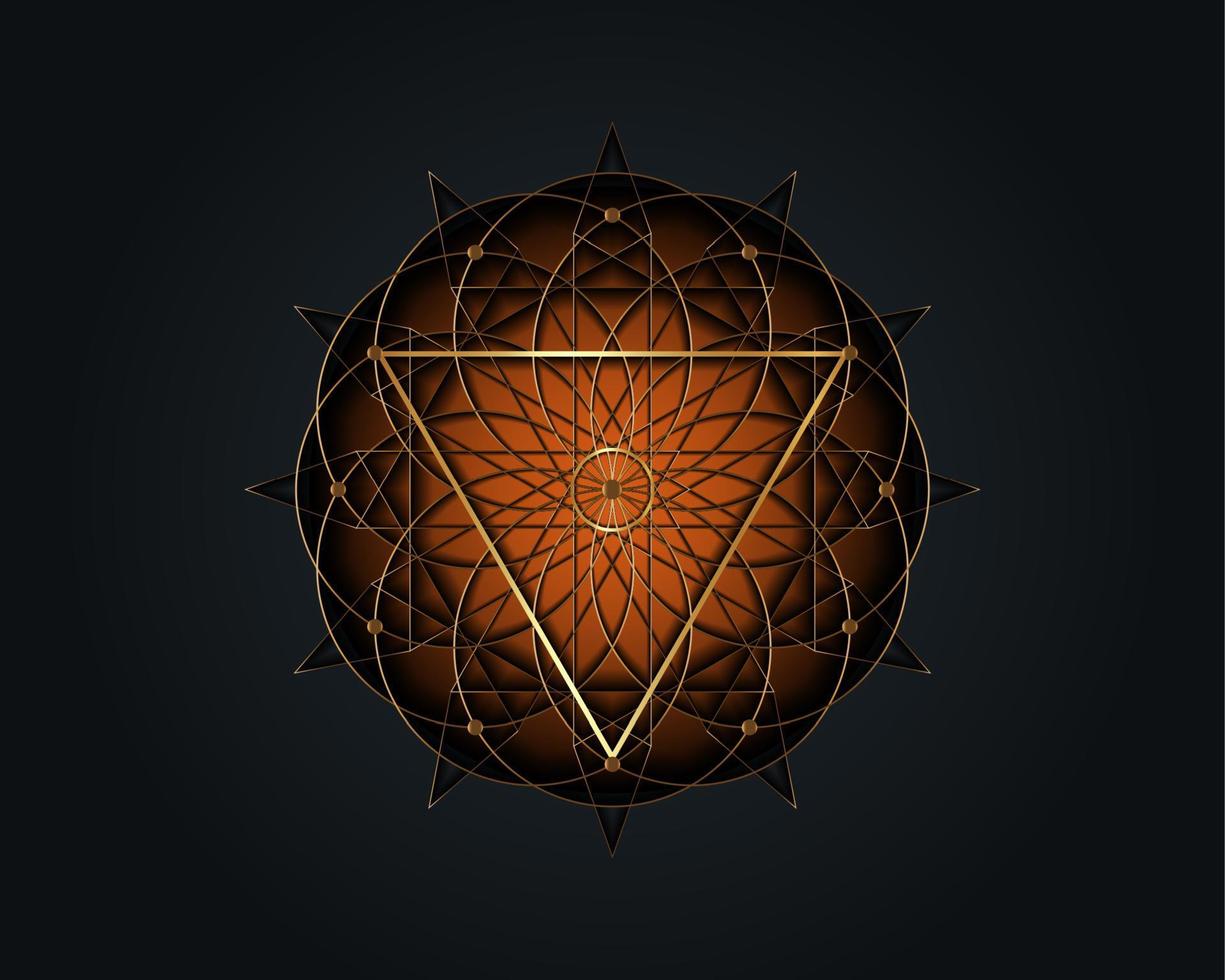 heilige geometrie magische driehoek symbool, derde oog teken. geometrische mystieke mandala van alchemie esoterische bloem van het leven. gouden lijn kunst vector cirkel goddelijke meditatieve amulet geïsoleerd op zwarte background