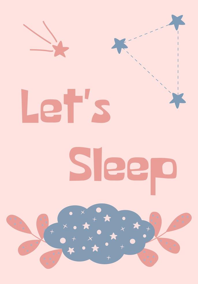 laten we slapen kaart. heldere Sterrennacht cartoon vectorillustratie. gebruik voor kaart, poster in de kinderkamer, print vector