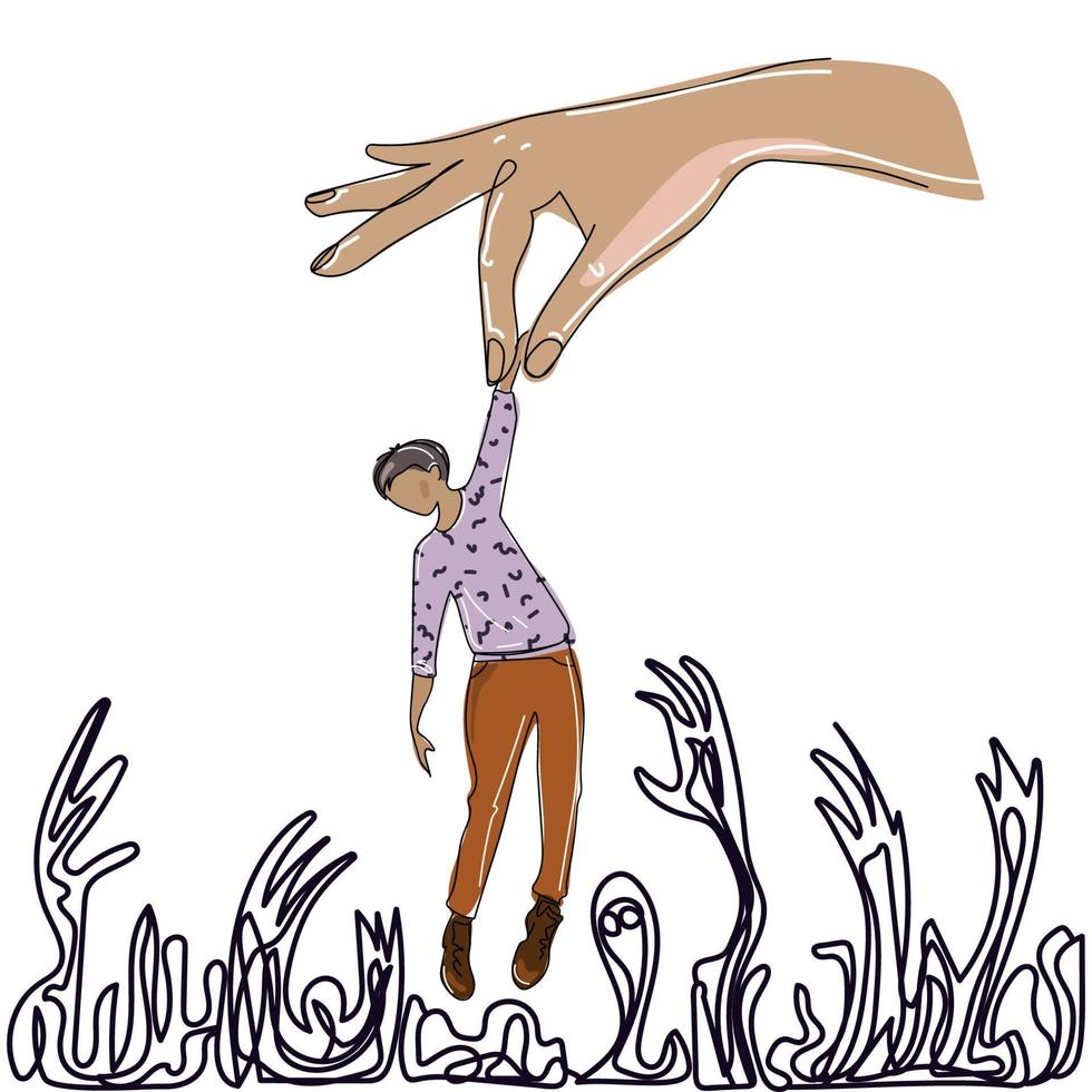 geestelijke gezondheid concept.human hand helpt een persoon niet te vallen in depressie problemen, ziekten en psychische stoornissen.vector doodle illustratie geïsoleerd op white.professional psychologische ondersteuning vector