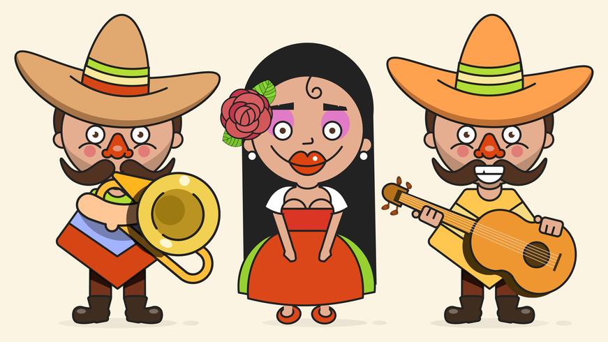 Mexicaanse muzikanten vectorillustratie met twee mannen en een vrouw met gitaren In inheemse kleding en Sombrero platte Vector