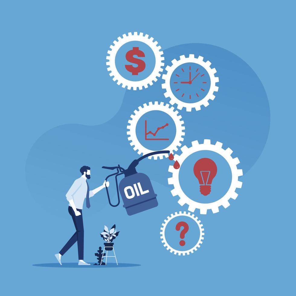 zakenman die olie vasthoudt aan tandwielen, wat betekent dat reparatie of oplossingsfactor van zaken, zakelijke oplossing vectorconcept vector