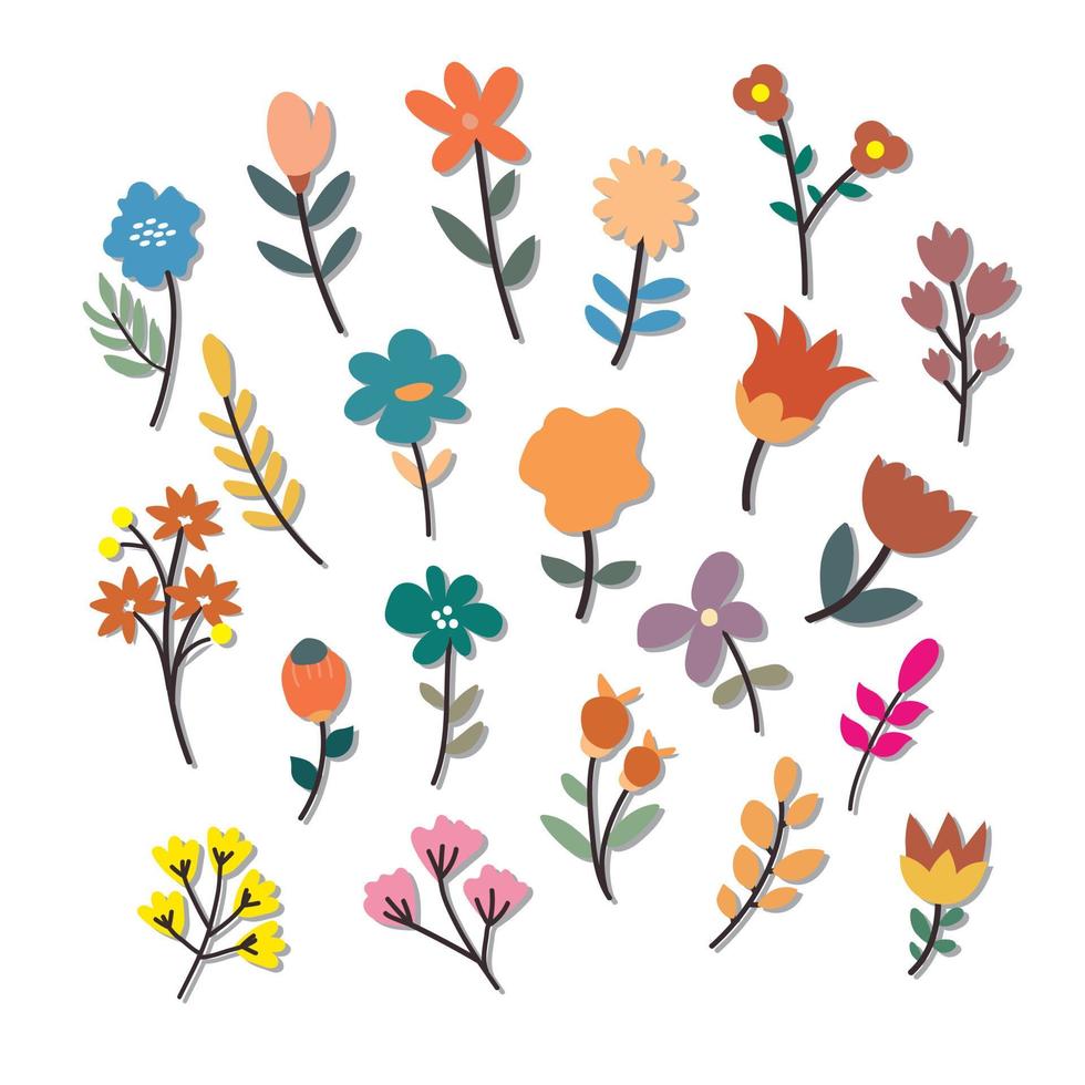 hand tekenen cartoon bloem en bladeren sticker set vector