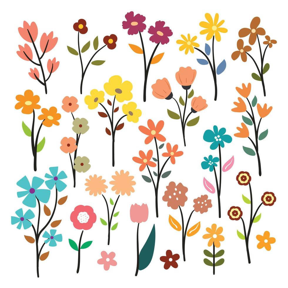 hand tekenen cartoon bloem en bladeren sticker set vector