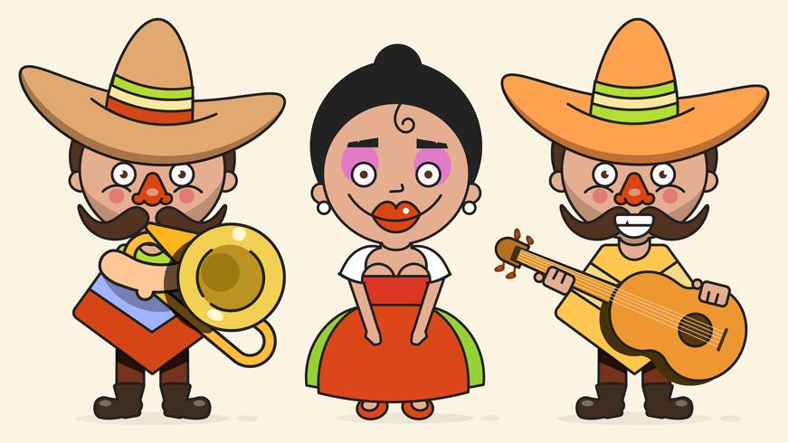 Mexicaanse muzikanten vectorillustratie met twee mannen en een vrouw met gitaren In inheemse kleding en Sombrero platte Vector