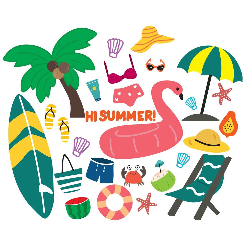 hand tekenen cartoon zomer spullen stickerset vector