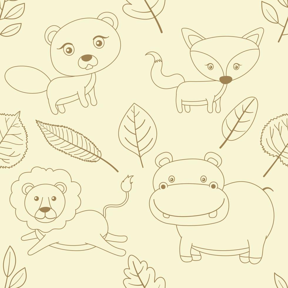 naadloze doodle schets wilde dieren cartoon patroon vector